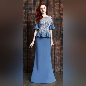 Alexander By Daymor NEW Blue Grey Embroidered Peplum Maxi Gown Dress Size 6 #865